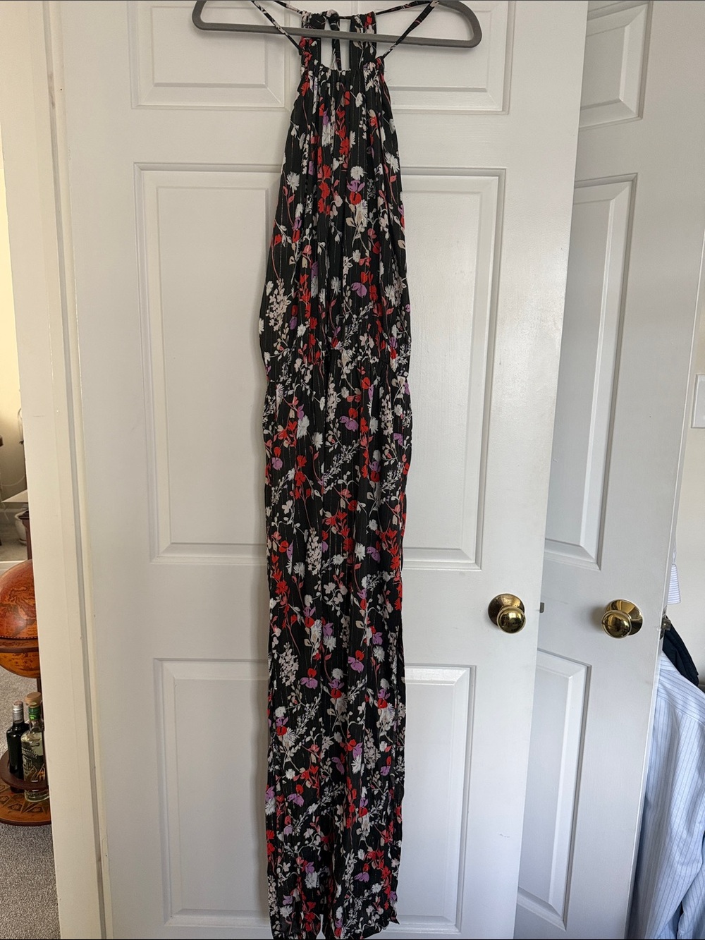Black Floral Halter Maxi Dress with Red & Pink Accents